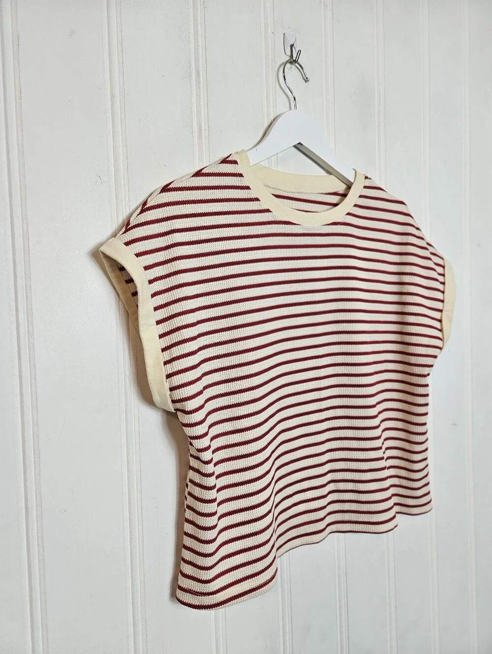 2 Piece Lounge Set S Ribbed Knit Shorts Tracksuit Striped Red Cream Matching